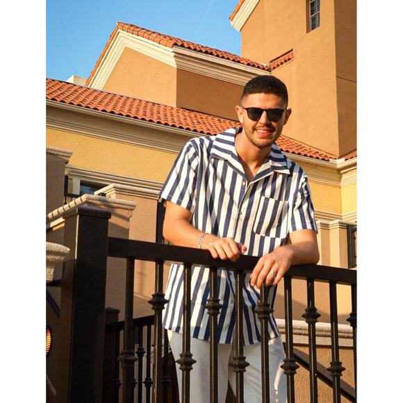 Men's Hawaiian Shirts Short Sleeve Linen Button Down Beach Shirts Stripe Navy - Picture 3 of 5